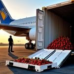 **Prompt:** Refrigerated cargo container being loaded onto a plane in Huelva, Spain. Strawberries, early morning light, airport setting.