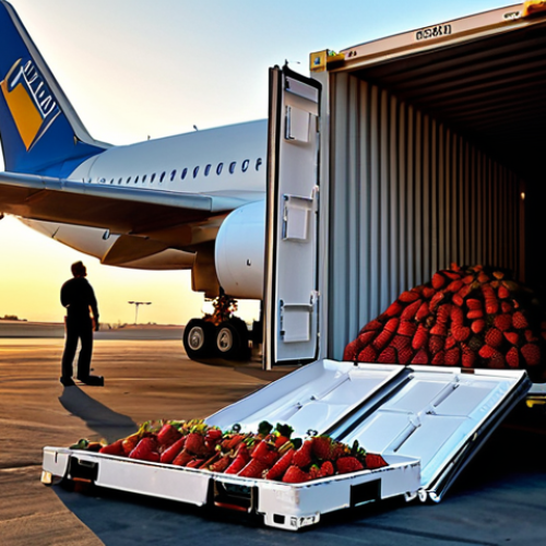 **Prompt:** Refrigerated cargo container being loaded onto a plane in Huelva, Spain. Strawberries, early morning light, airport setting.
