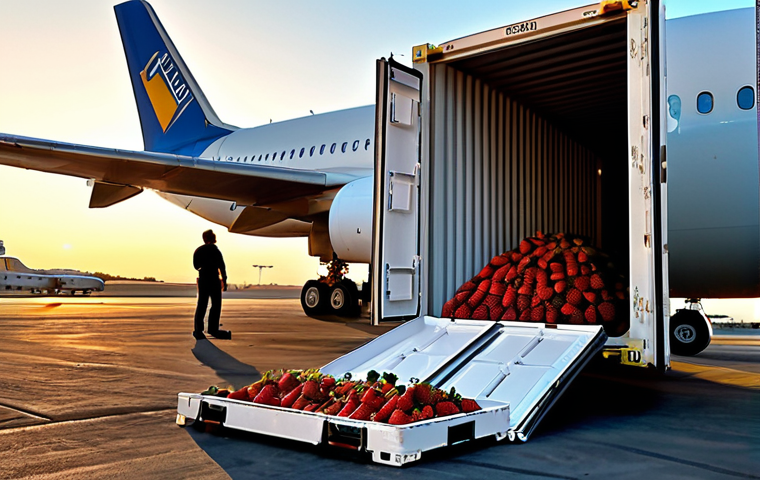 **Prompt:** Refrigerated cargo container being loaded onto a plane in Huelva, Spain. Strawberries, early morning light, airport setting.