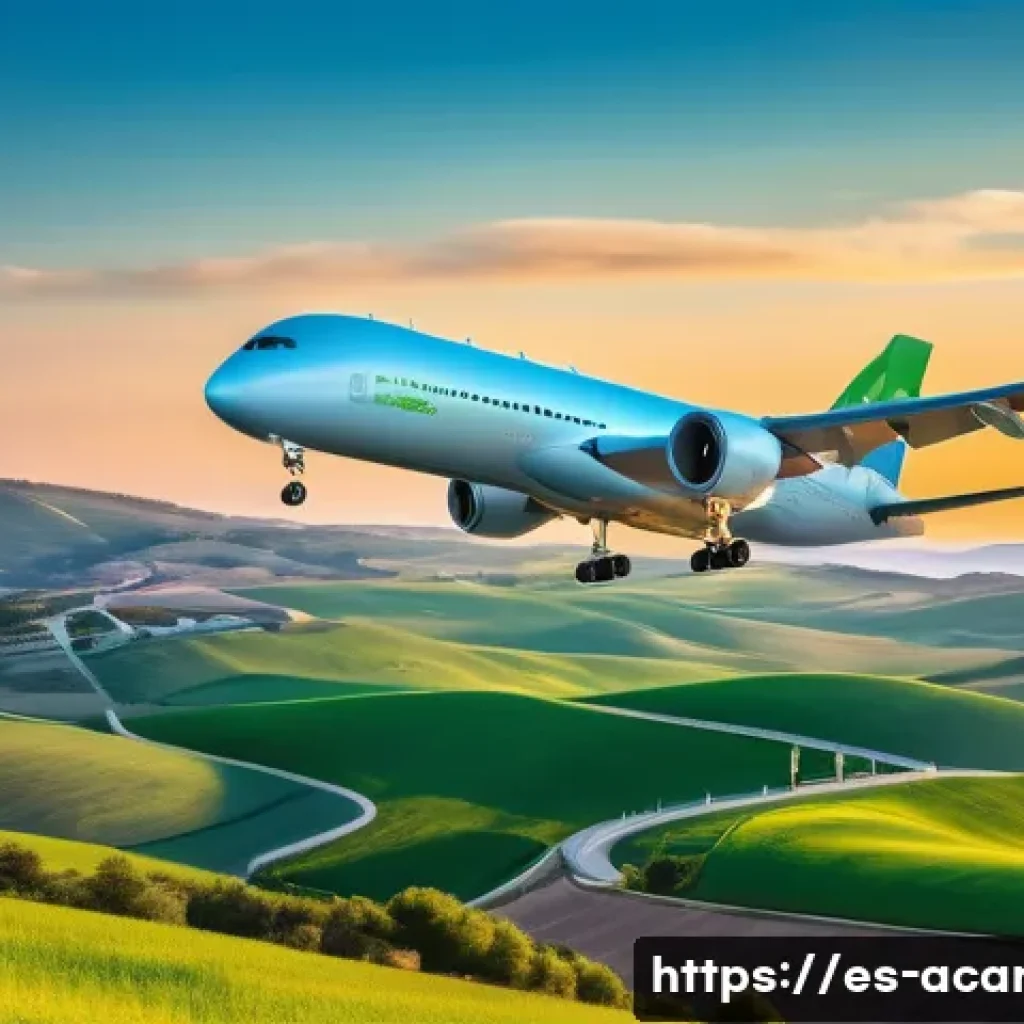 항공화물 운송에서의 환경 보호 전략 - A modern cargo airplane flying over a vibrant Spanish landscape during sunset, featuring visible gre...
