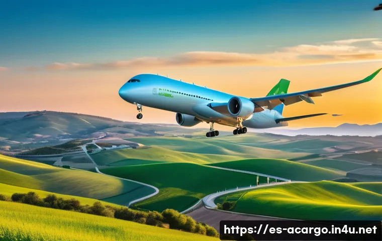 항공화물 운송에서의 환경 보호 전략 - A modern cargo airplane flying over a vibrant Spanish landscape during sunset, featuring visible gre...