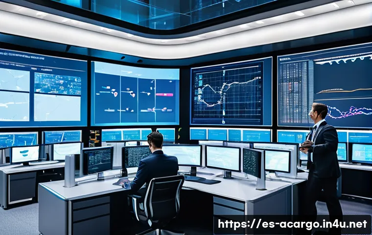 항공화물의 디지털 전환과 자동화 - A modern air cargo logistics control center with large digital screens displaying real-time flight t...