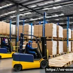 항공화물 운송 절차와 단계 - A detailed scene of a professional warehouse environment where workers carefully prepare and package...