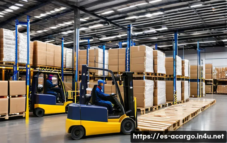 항공화물 운송 절차와 단계 - A detailed scene of a professional warehouse environment where workers carefully prepare and package...