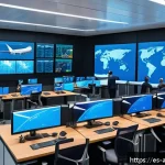 항공화물 전문가의 추천 도서 - A modern air cargo logistics control room bustling with activity, featuring diverse professionals in...