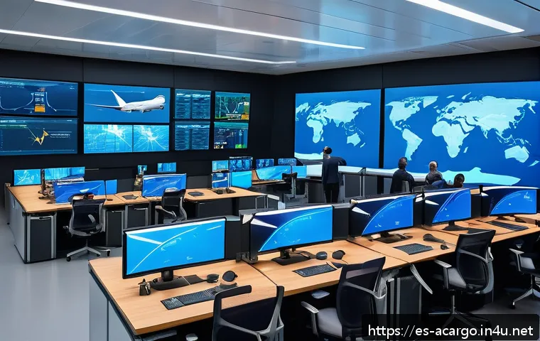 항공화물 전문가의 추천 도서 - A modern air cargo logistics control room bustling with activity, featuring diverse professionals in...