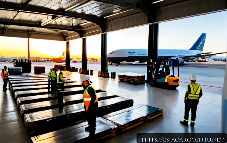 Home 17 항공화물과 글로벌 무역의 상관관계 - Photorealistic wide-angle scene inside a modern air cargo terminal in Spain, neatly stacked unbrande...