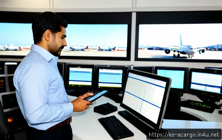 항공화물 산업에서 데이터 분석 활용하기 - Photorealistic air cargo analytics control room at a major Latin American airport, diverse Spanish-s...