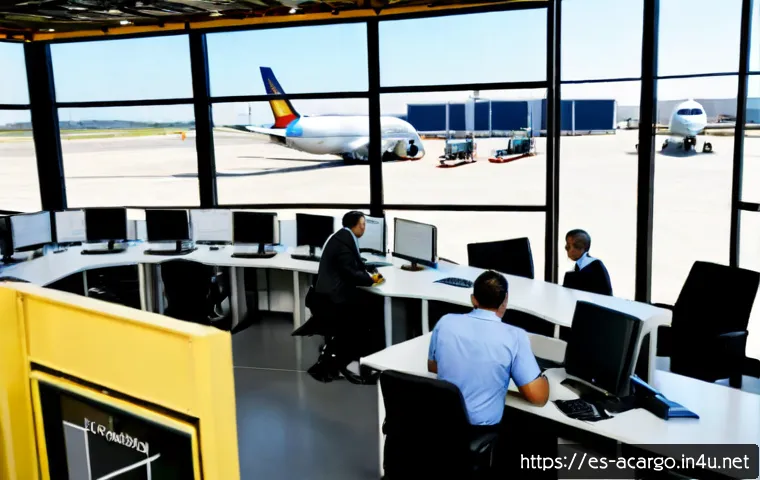 항공화물 회사의 조직 구조 이해 - Photorealistic air cargo company operations center at a major Spanish airport, diverse Spanish and L...